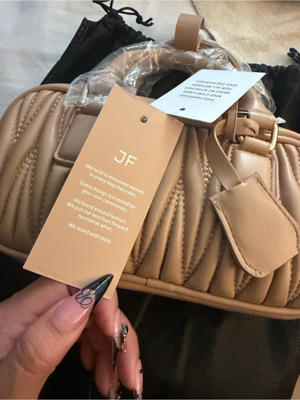 JustFab Quilted Mini Top-Handle Bag in Tan